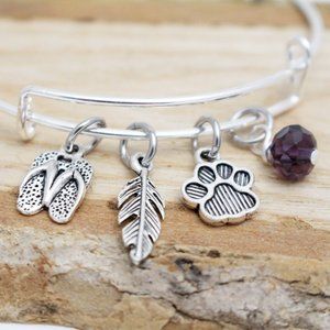 Flip Flops, Feather & Paw Print Charm Bangle - Adjustable - Handcrafted